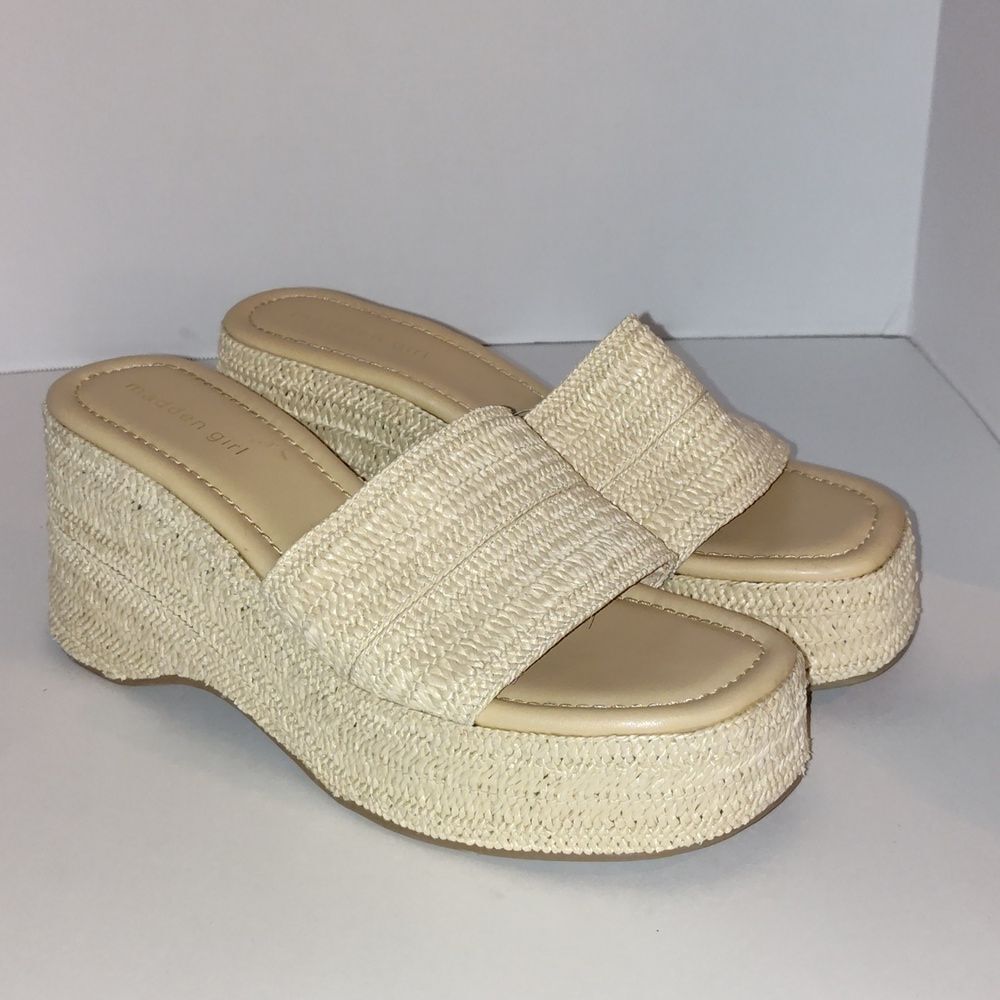 Madden Girl Cream Woven Platform Slide Sandals